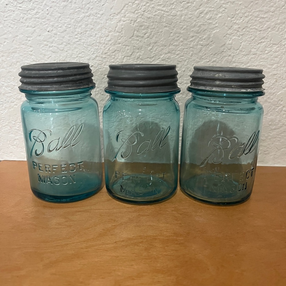 Three Vintage Blue Ball Mason Jars